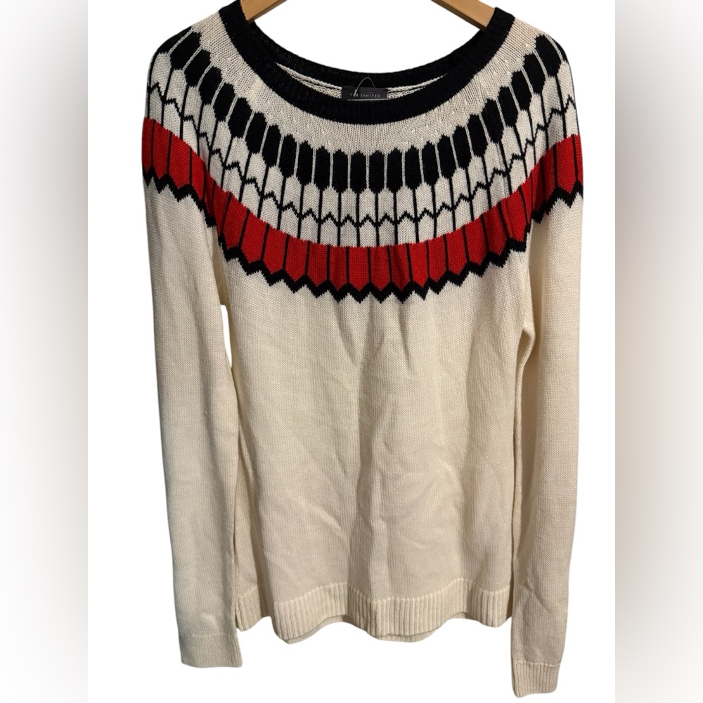 The Limited Fair Isle Sweater Sz Medium Black Ivory Red Wool Blend Nordic Yoked